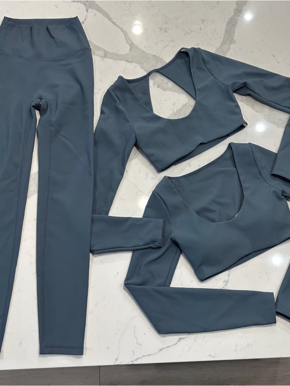 BUNDLE 3 Piece Ribbed Active Set Slate Blue Legging+2 Long Sleeve Crop Tops XS